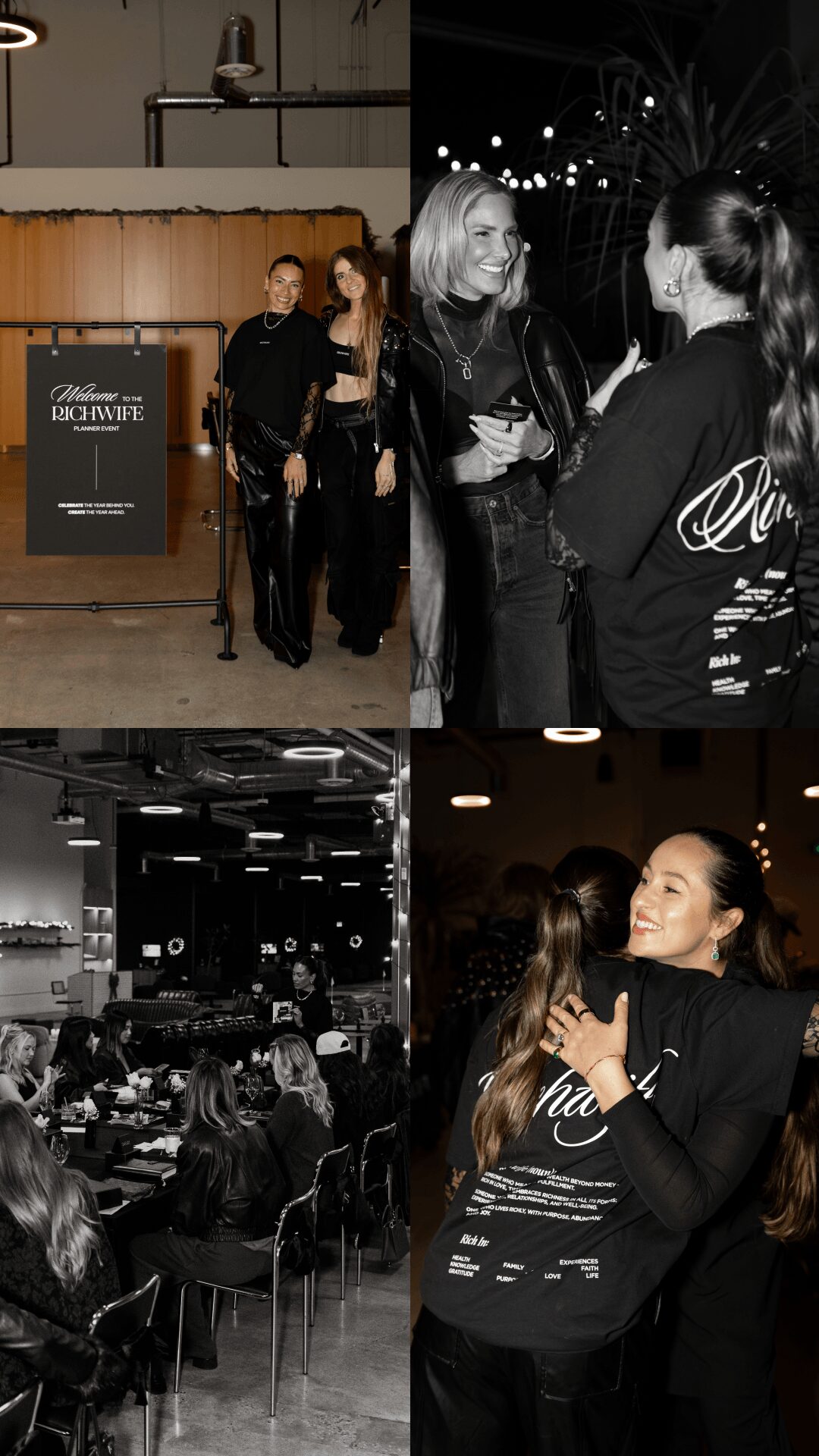 Group of people in a social setting, some standing and some sitting at tables, with a woman hugging another woman.