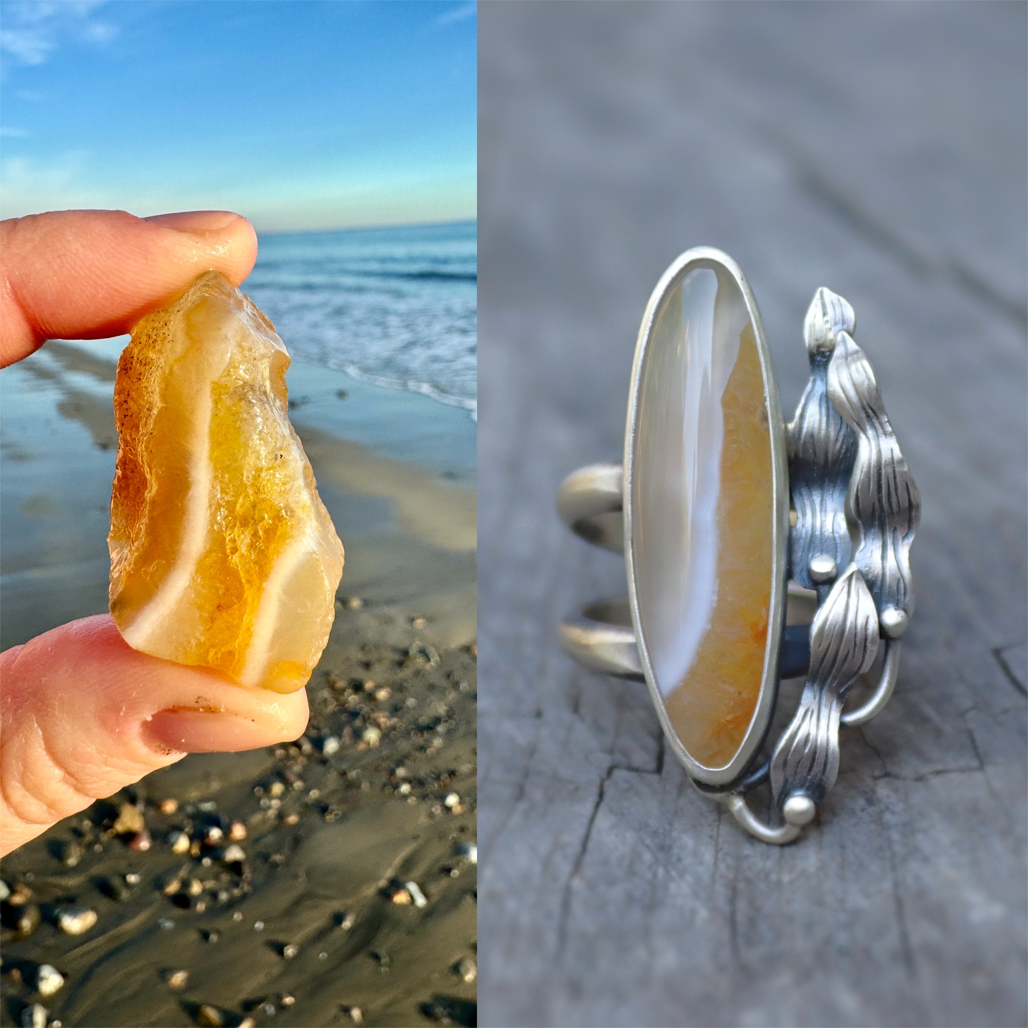 Hand holding a yellowish stone on a beach with sand and ocean in background, and a silver ring with an oval stone on a gray surface.