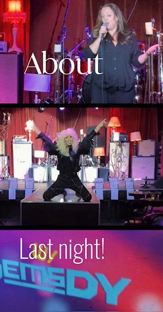 Two women performing on stage with microphones, one with long hair, the other with curly hair, stage lights in background.