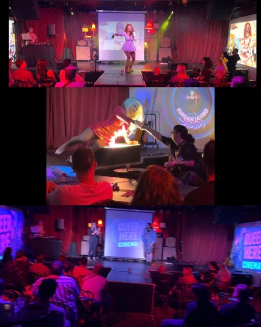 Three images of stage performances with audience, colorful lighting, and screens in the background.