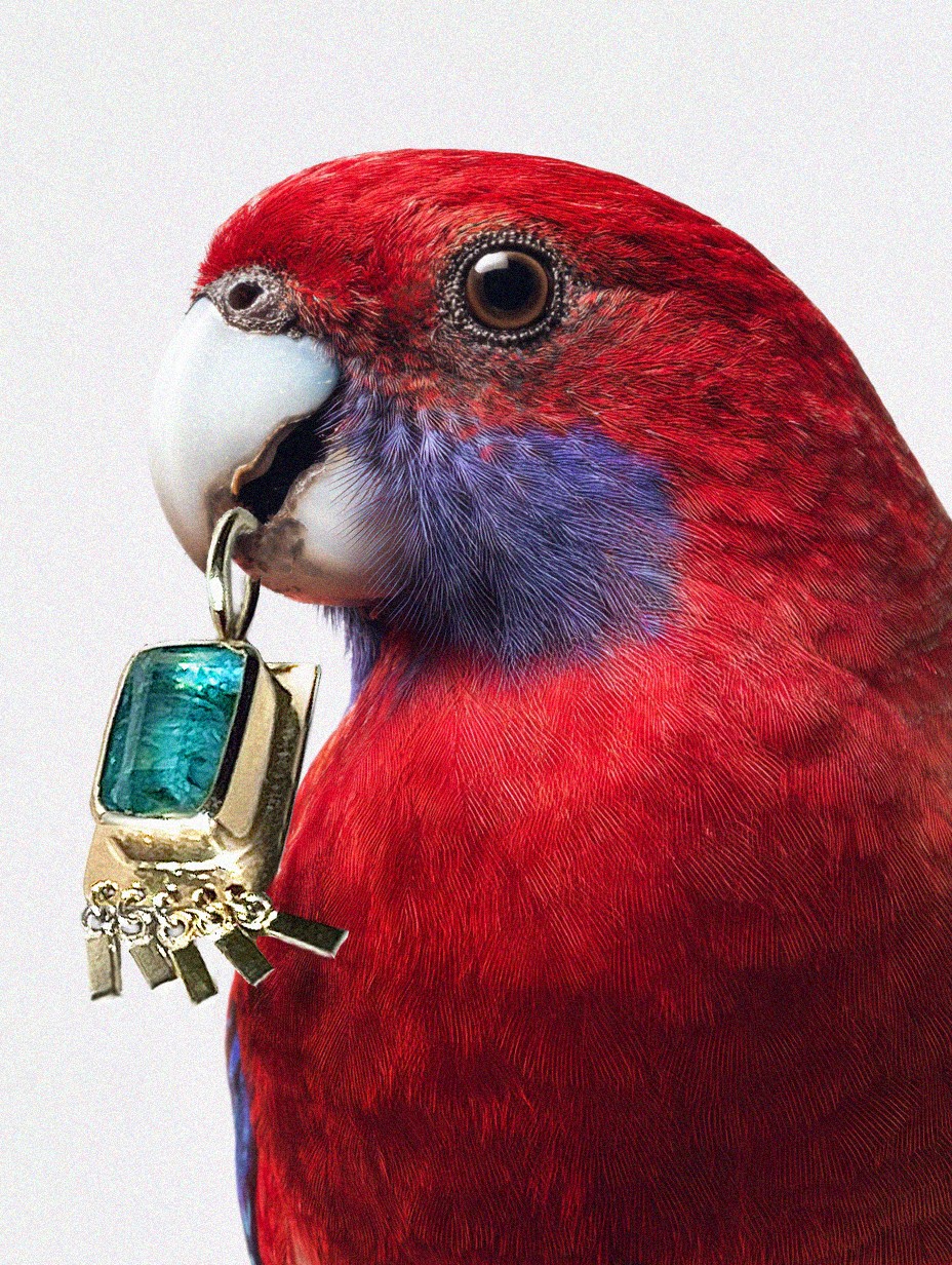 Close-up of a red and purple bird holding a small gold and gemstone pendant in its beak.