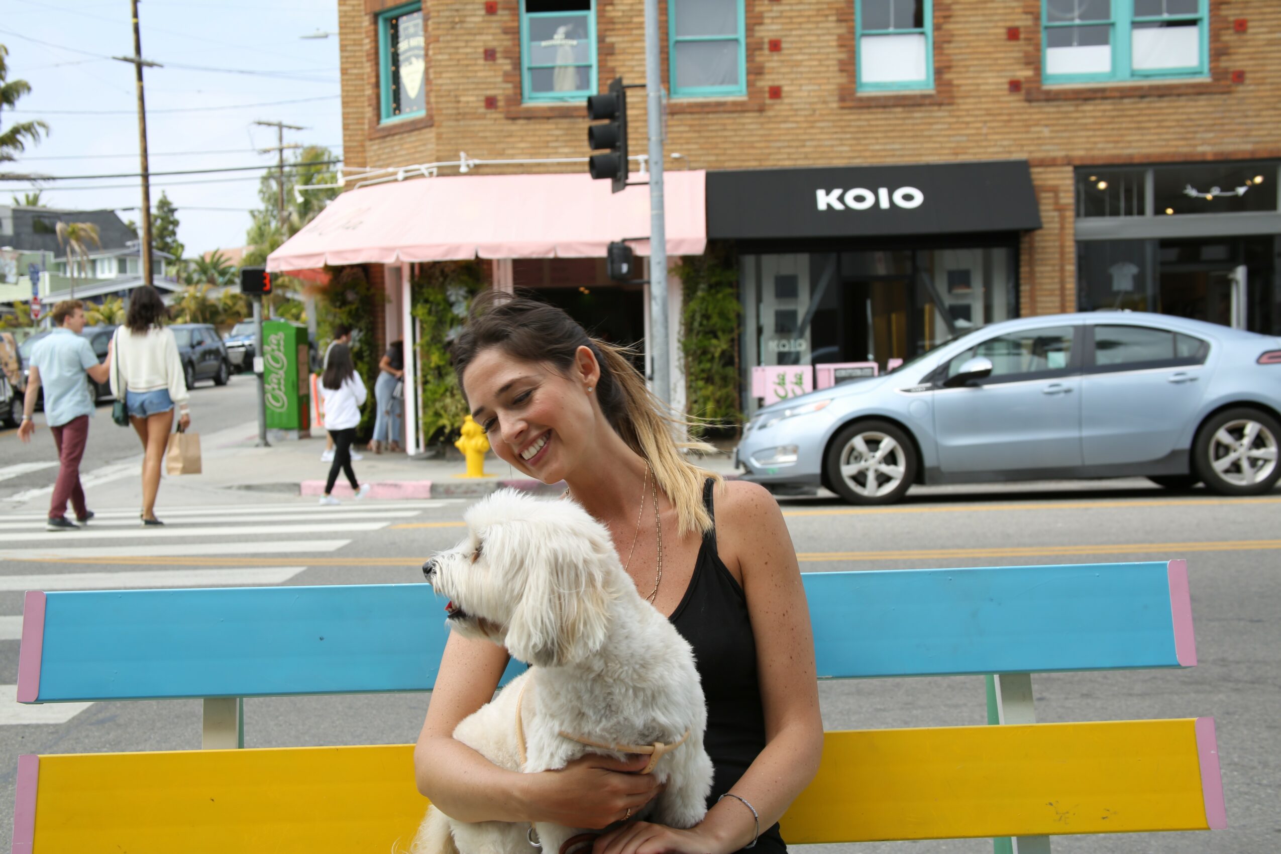 Woman sitting on a colorful bench holding a white dog outdoors near a street with pedestrians and a building.