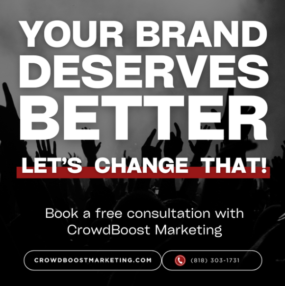 Text promoting brand improvement and free consultation with CrowdBoost Marketing, featuring a dark background with silhouettes of raised hands.