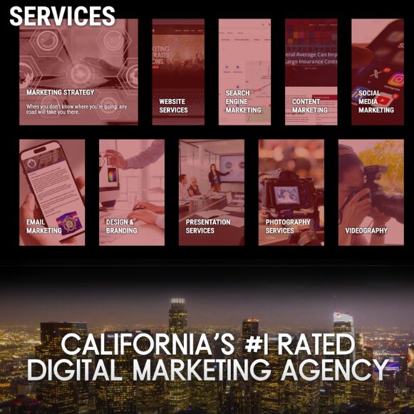 Grid of digital marketing service categories with city skyline at bottom, text highlights agency's rating.
