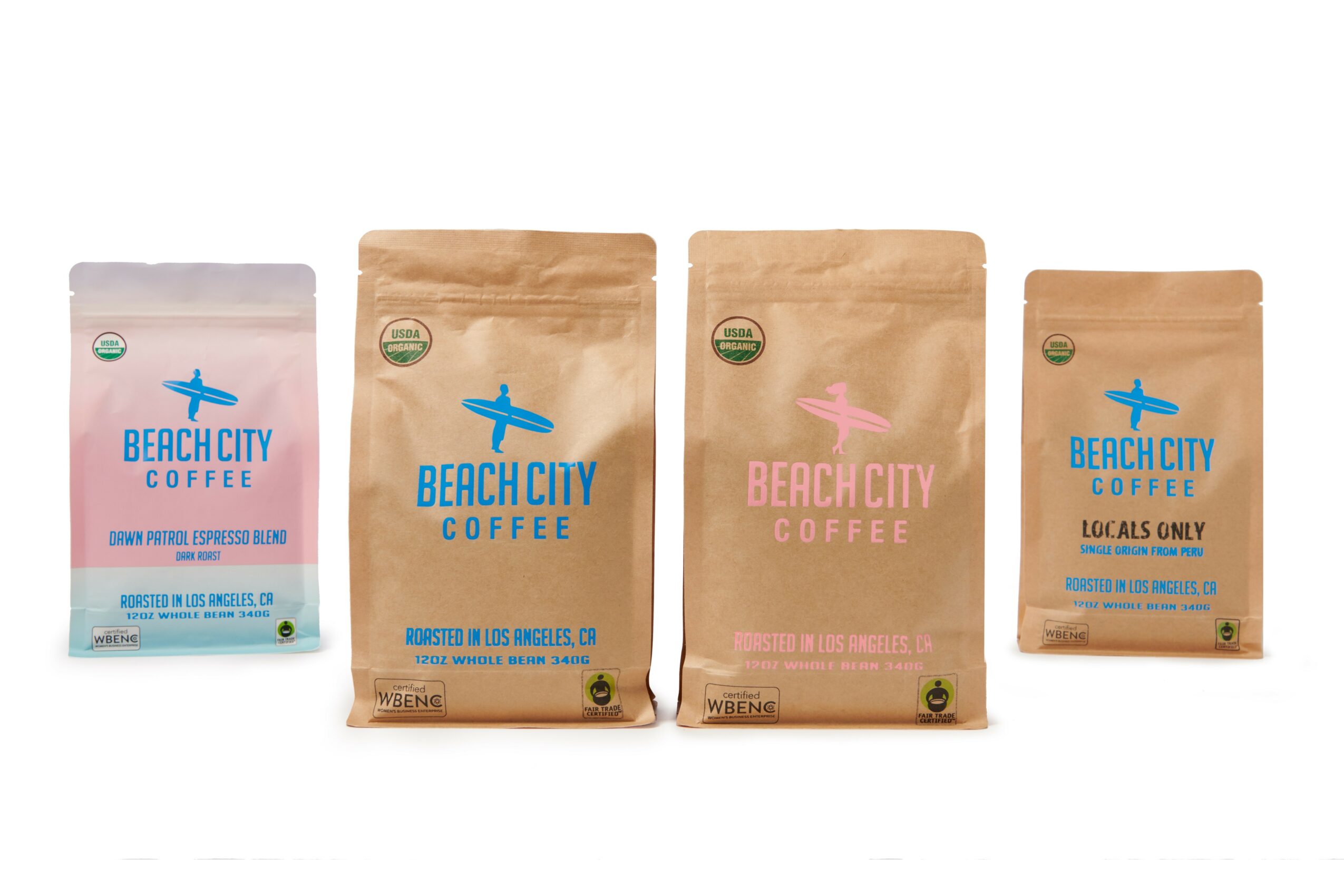 Four coffee packages with beach city logo and airplane icon, different sizes and colors, on a white background.