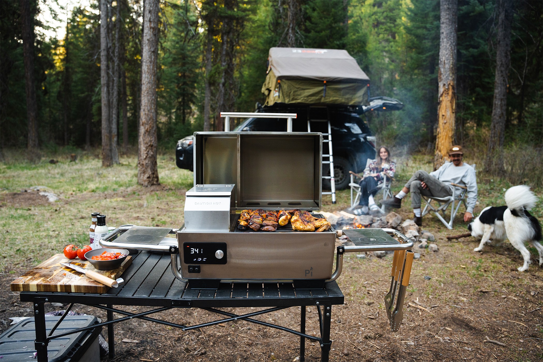 Camping scene with a grill, table, and people with dogs in a forest clearing.