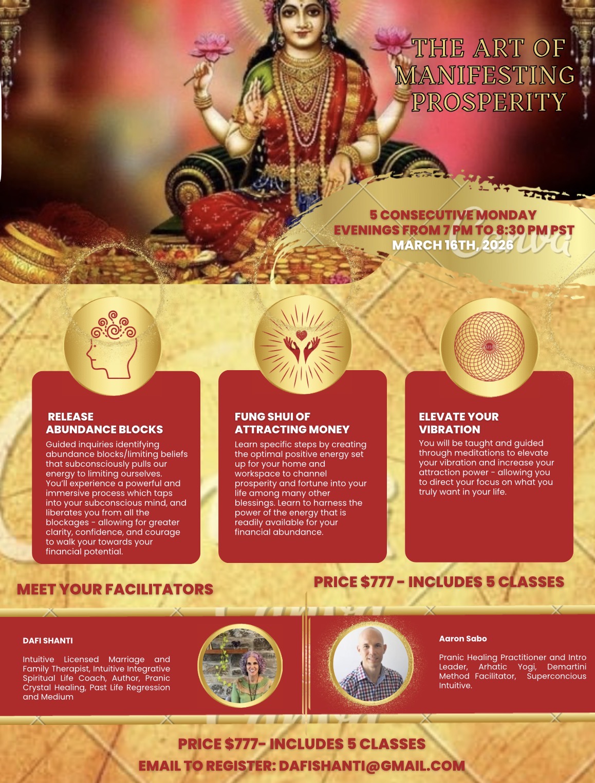 Goddess Lakshmi seated on a lotus with four arms, surrounded by pink flowers and gold decorations, promoting a prosperity event.