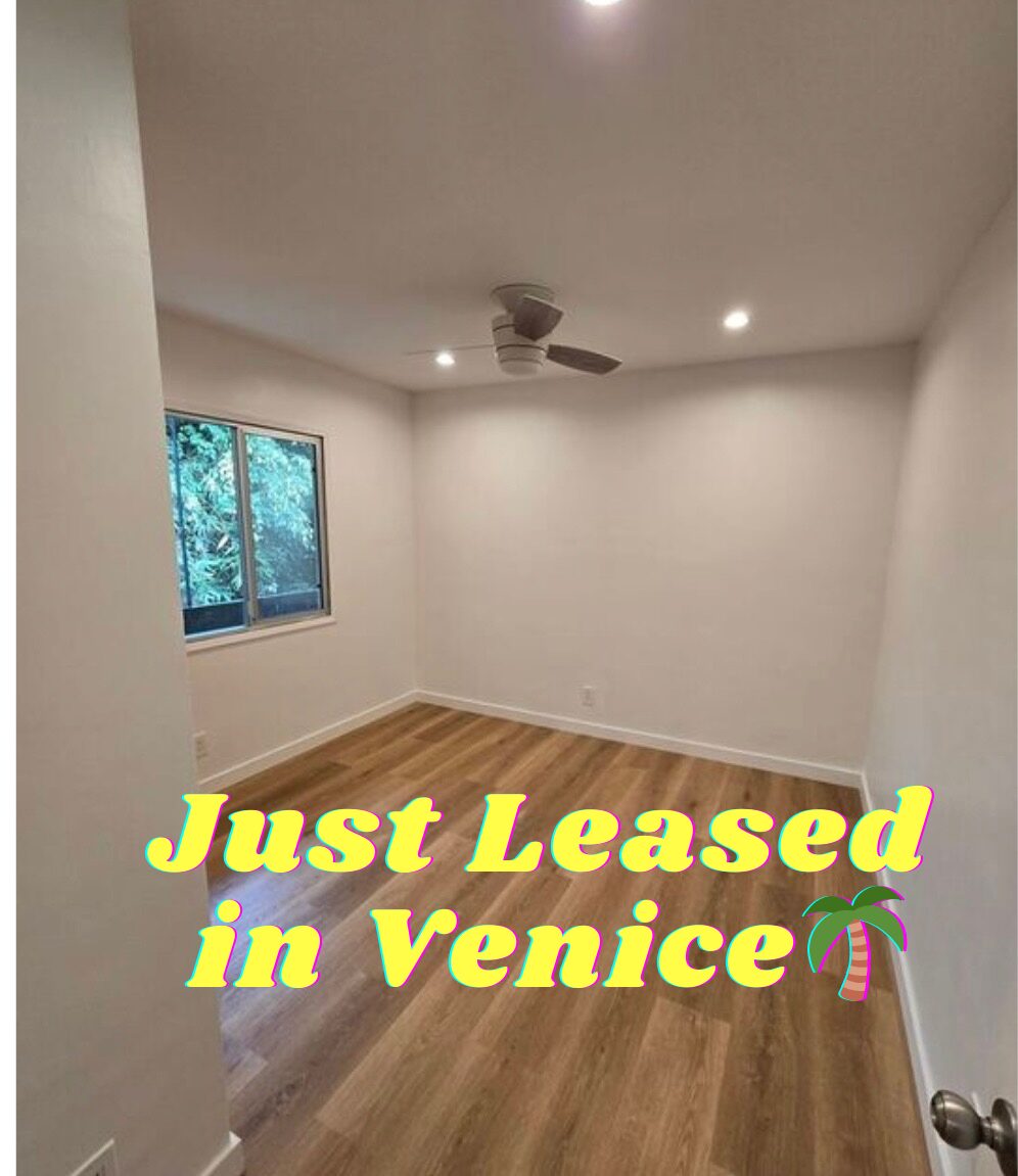 Empty room with wooden floor, white walls, ceiling fan, window showing trees, and text overlay about leasing in Venice.