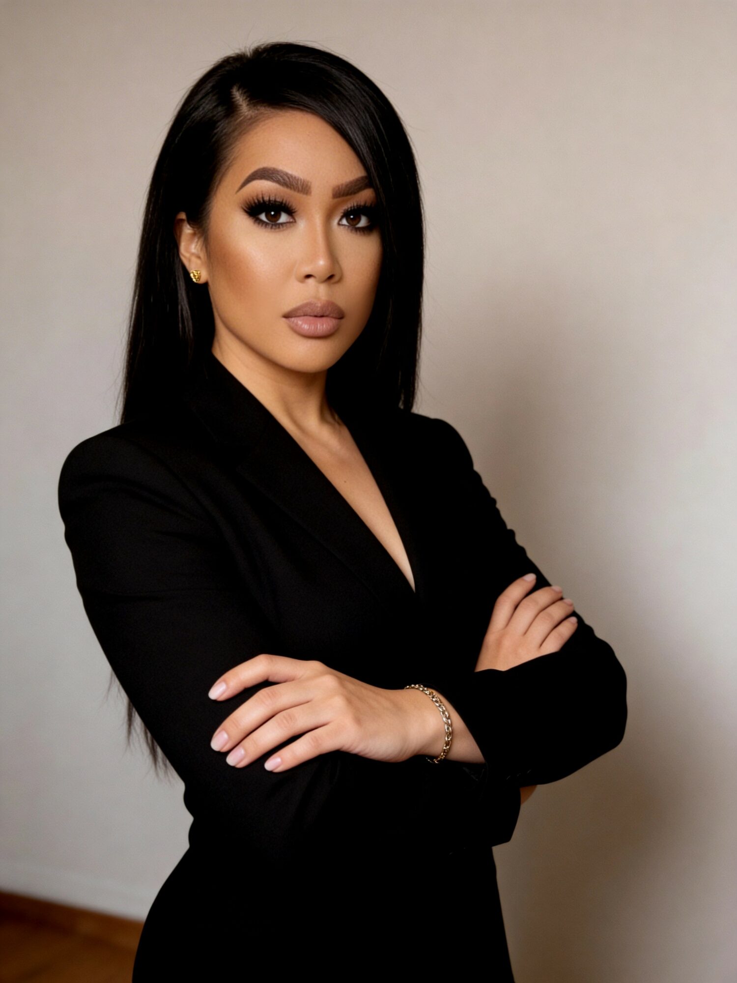 Woman with long black hair, wearing a black blazer, crossing arms, standing against a plain background.