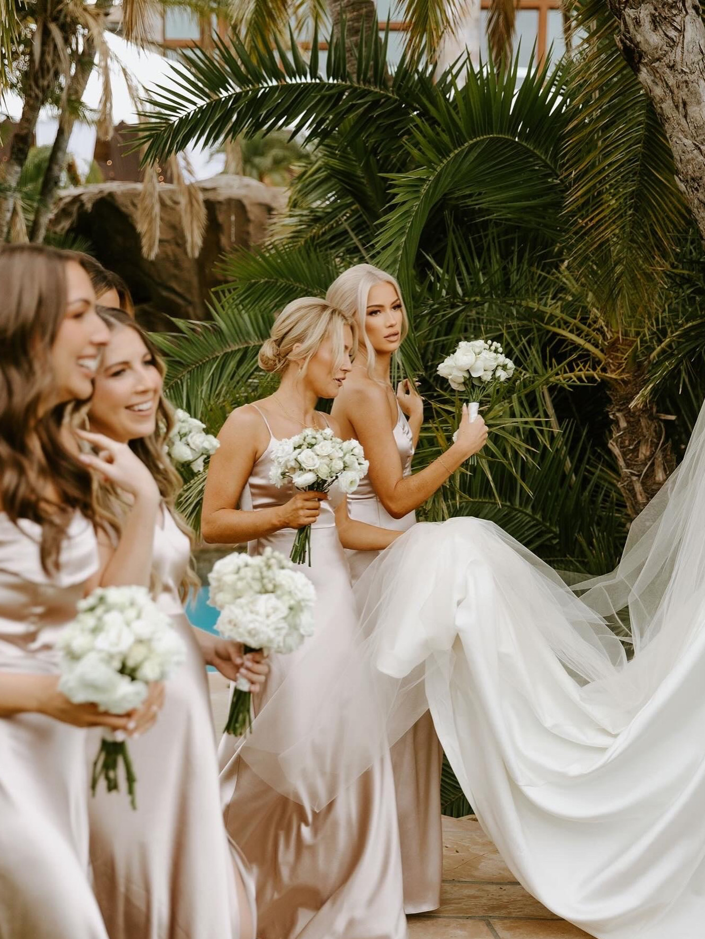 Group of women in wedding dresses holding bouquets, sitting outdoors with lush green plants in background.