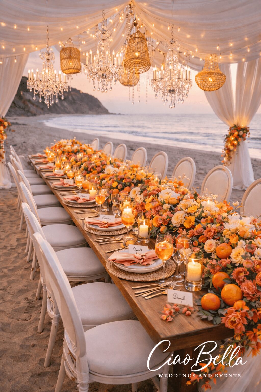 Long beachside dining table decorated with flowers, candles, and tableware under hanging chandeliers and lanterns at sunset.