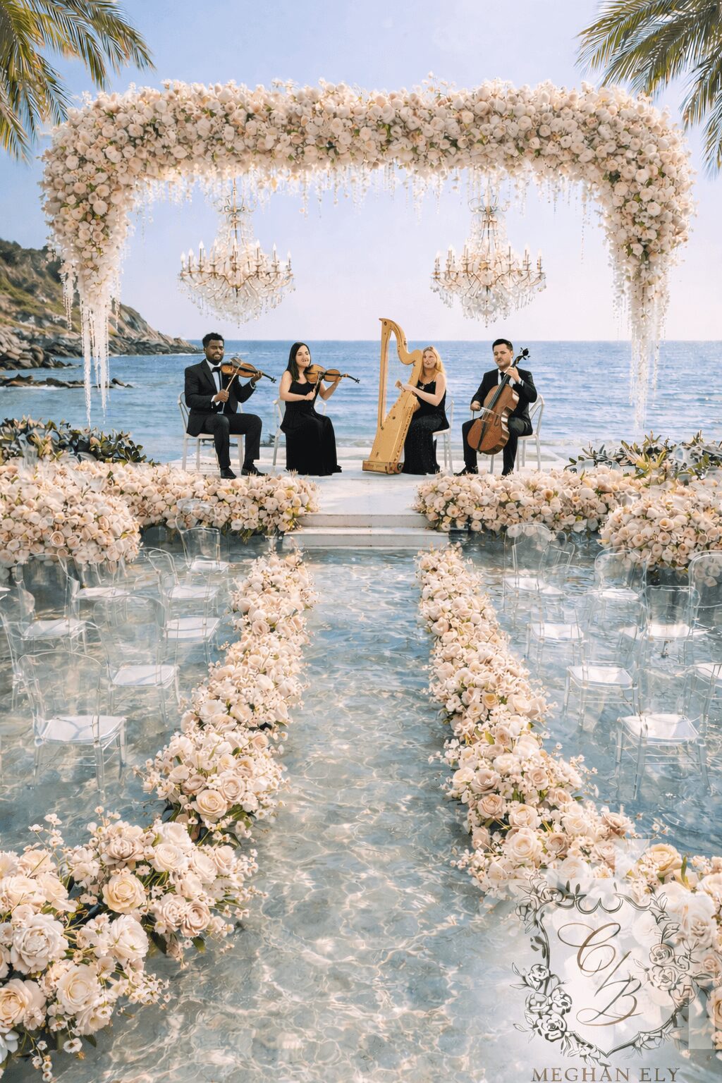 Four musicians perform on a decorated stage by the ocean with floral arrangements and chandeliers, under a floral arch.
