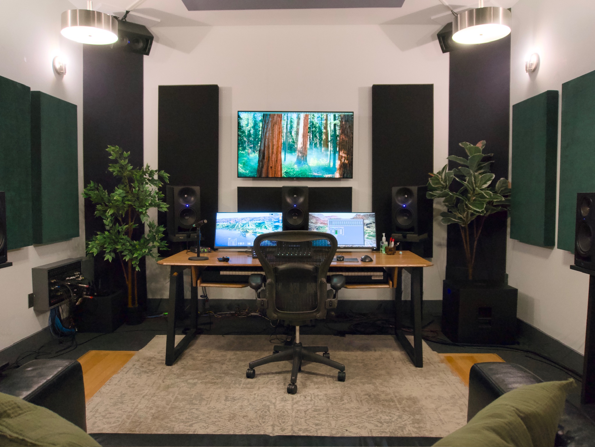 Recording studio with a desk, computer monitors, speakers, and acoustic panels, decorated with plants and a rug.