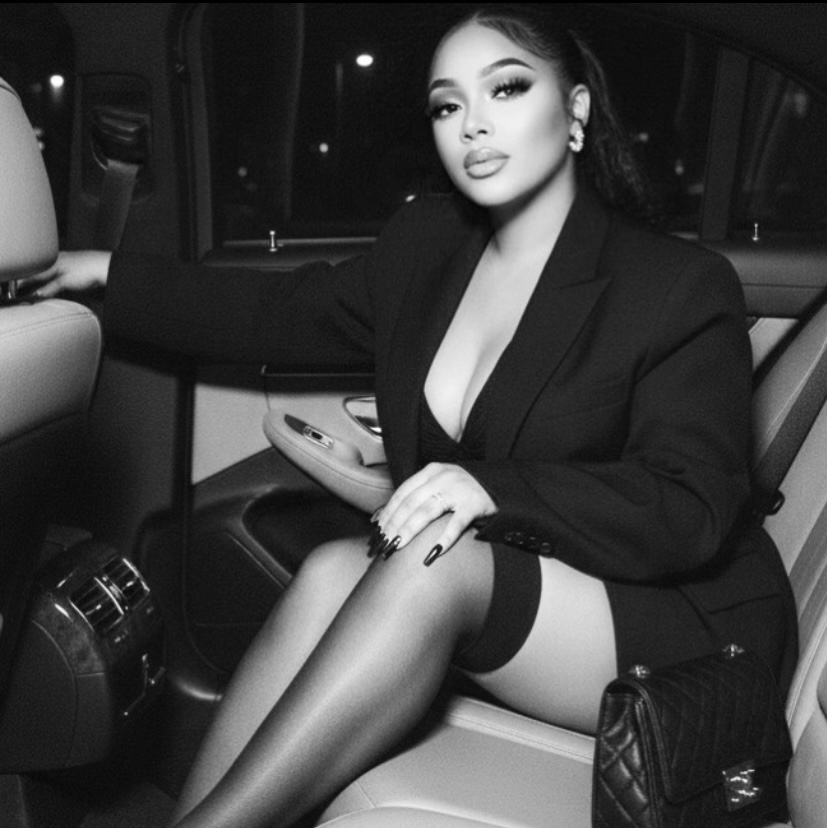 Woman with makeup and long hair sitting in car, wearing blazer and sheer stockings, holding a phone.