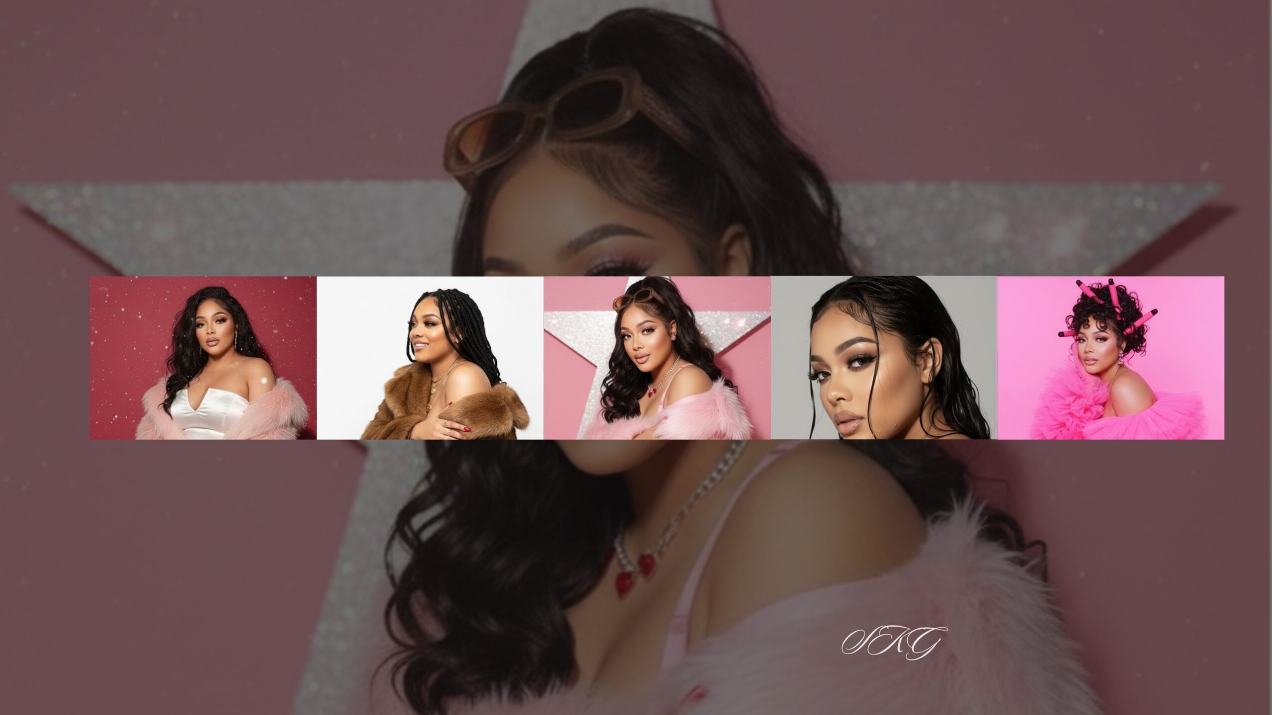 A collage of five women with different hairstyles and outfits, set against pink backgrounds.