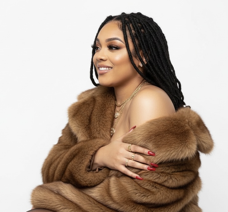 Woman with long braided hair smiling, wearing a fur coat and layered necklaces, against a white background.