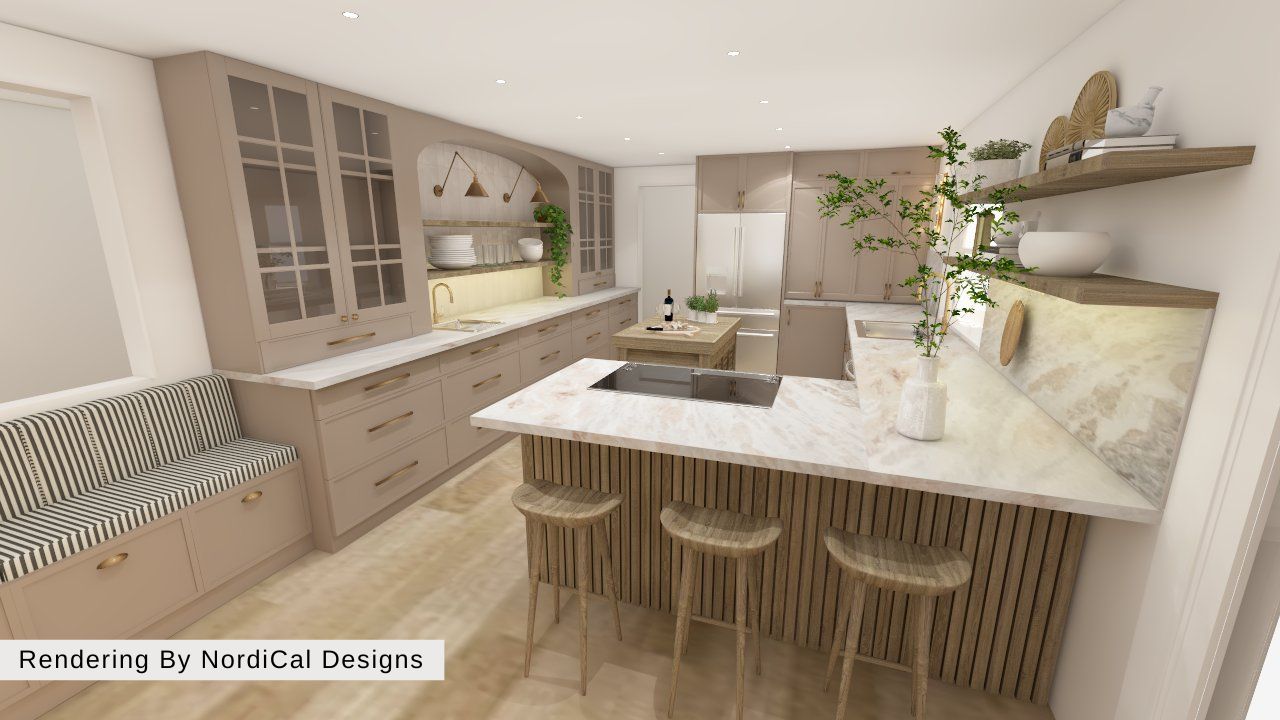 Modern kitchen with island, bar stools, cabinetry, and open shelves, decorated with plants and kitchenware.