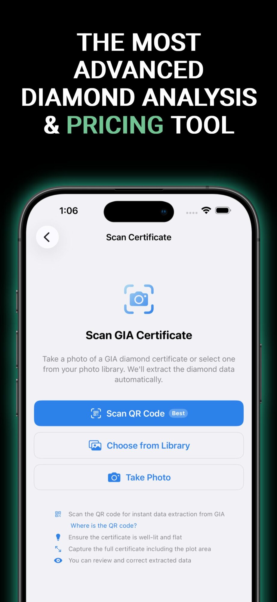 Smartphone screen displaying a diamond analysis and pricing app with options to scan QR code, choose from library, or take photo.