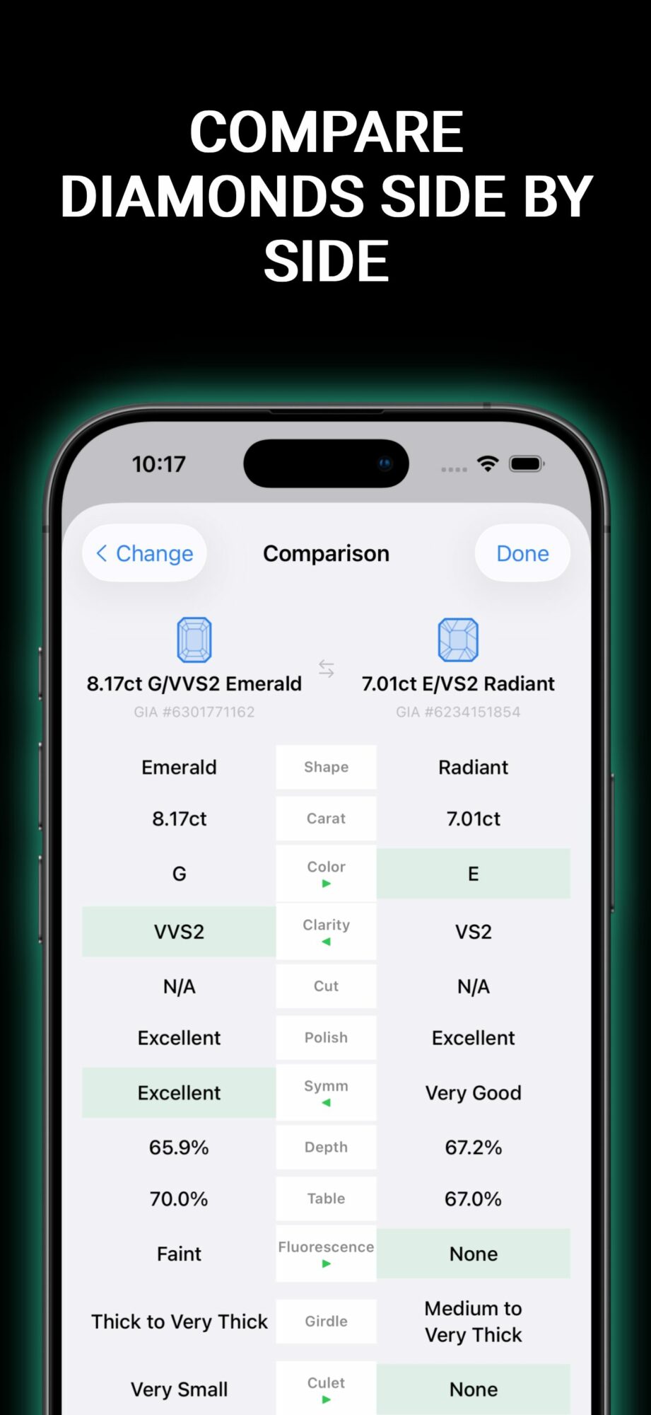 Comparison chart of diamonds' side-by-side qualities and grades on a smartphone screen.
