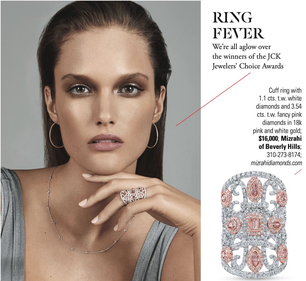 Close-up of a woman with dark hair, wearing earrings and a ring, with text about jewelry and a ring image.