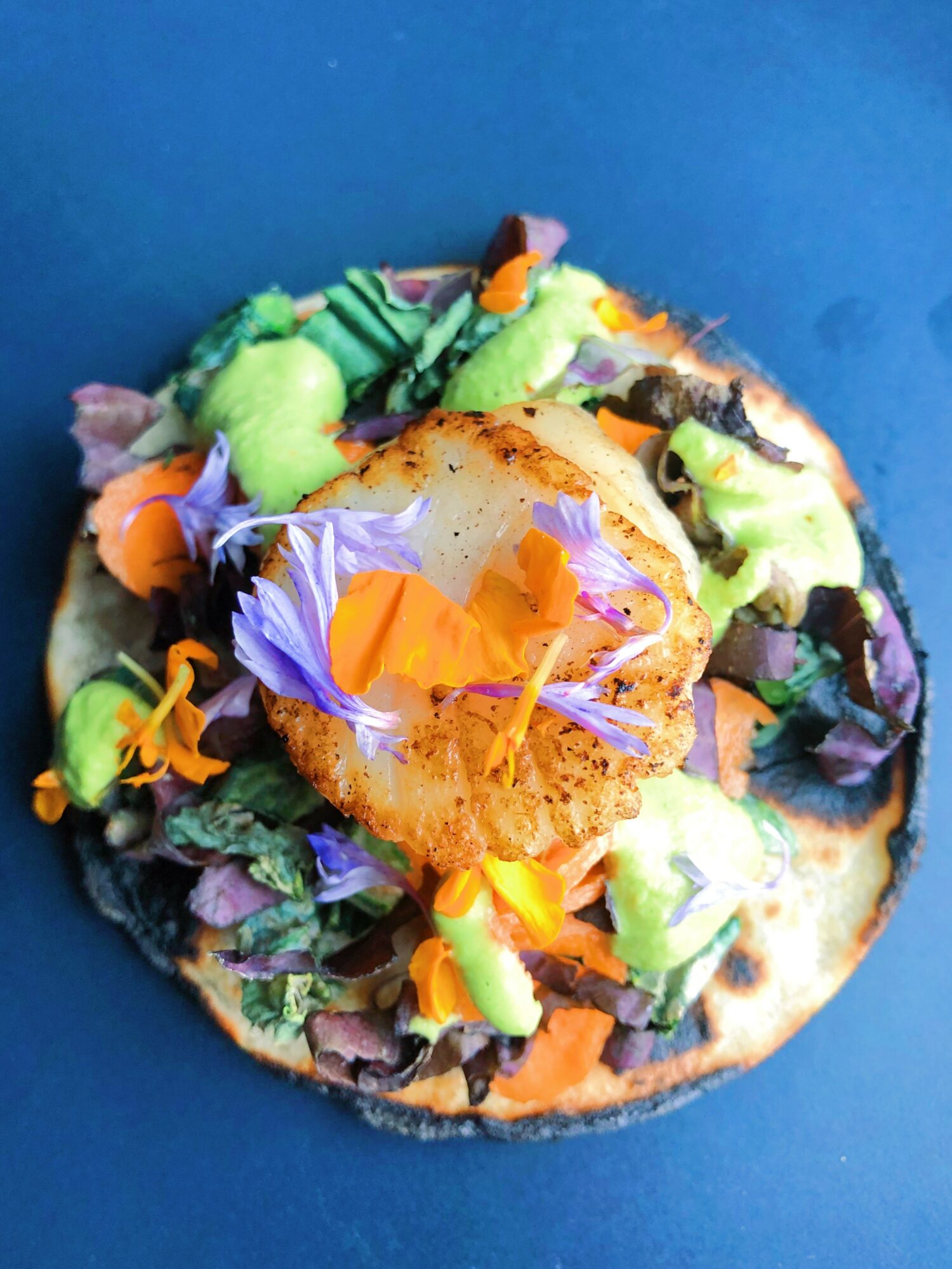 Fried egg on a colorful vegetable and salad base, with purple and orange edible flowers, on a blue background.