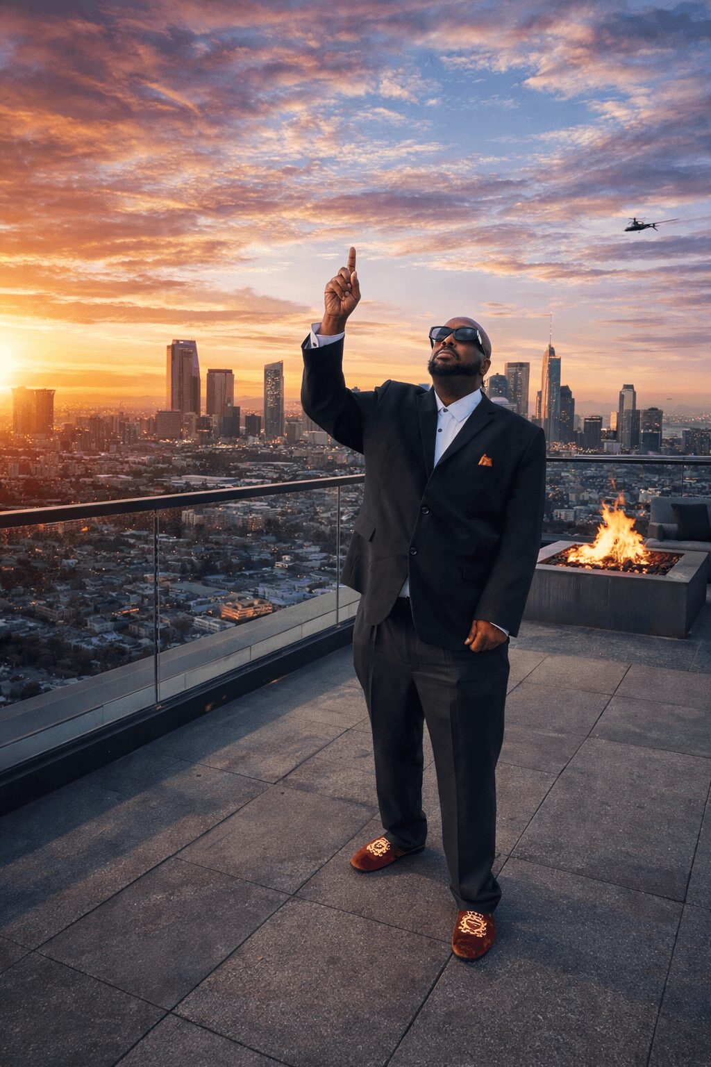 Man in suit and sunglasses pointing upward on rooftop with city skyline and sunset in background.