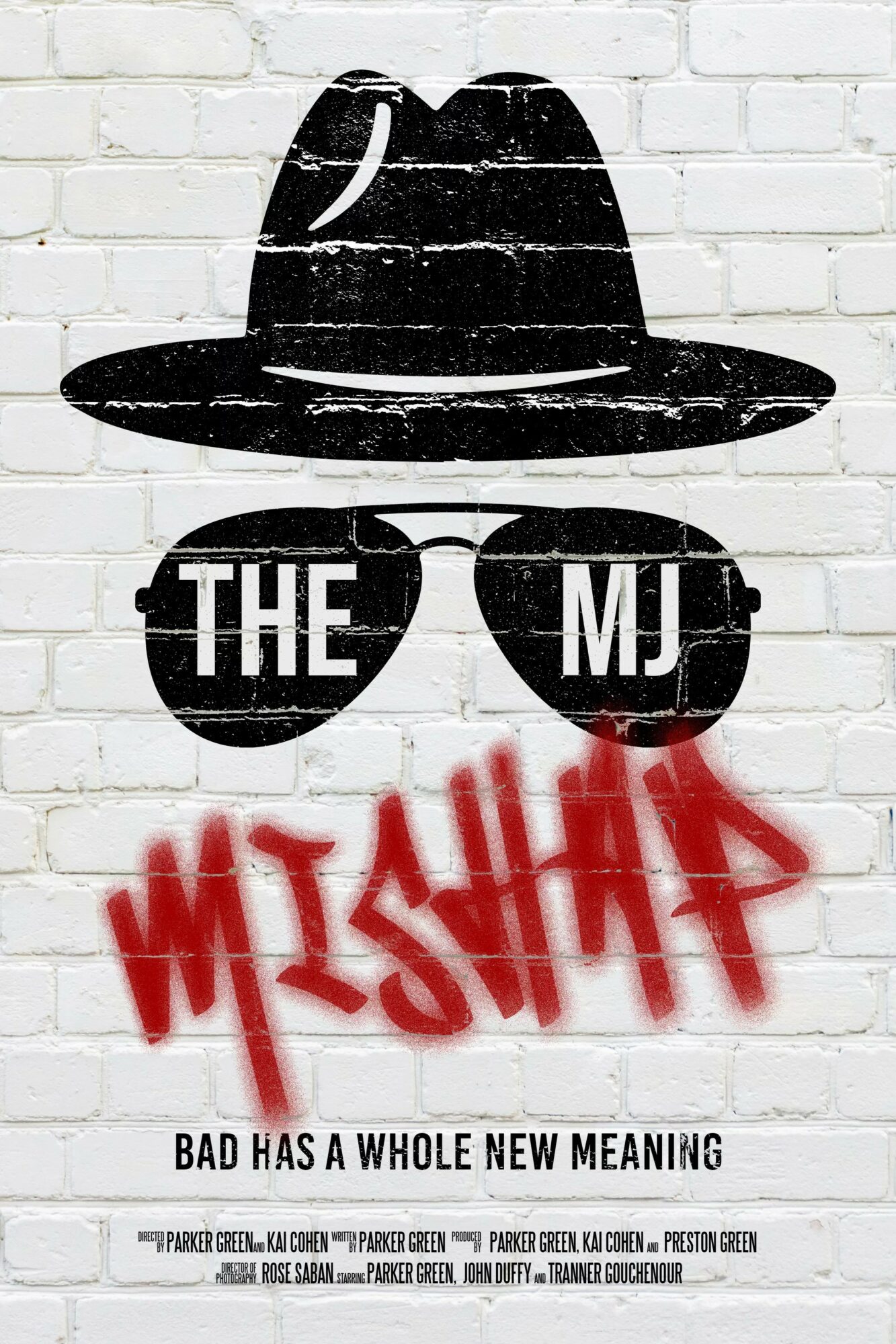 Black hat and sunglasses with text 'THE MJ' and red graffiti-style text below, on a white brick wall.