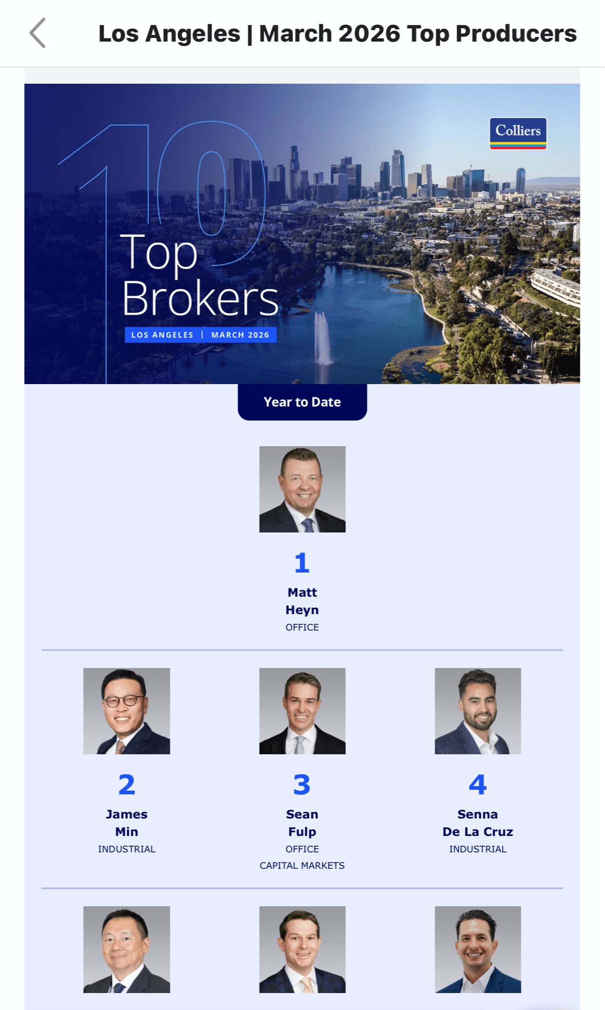 Cover page with city skyline, title 'Top Brokers Los Angeles March 2026,' and photos of four individuals with rankings.