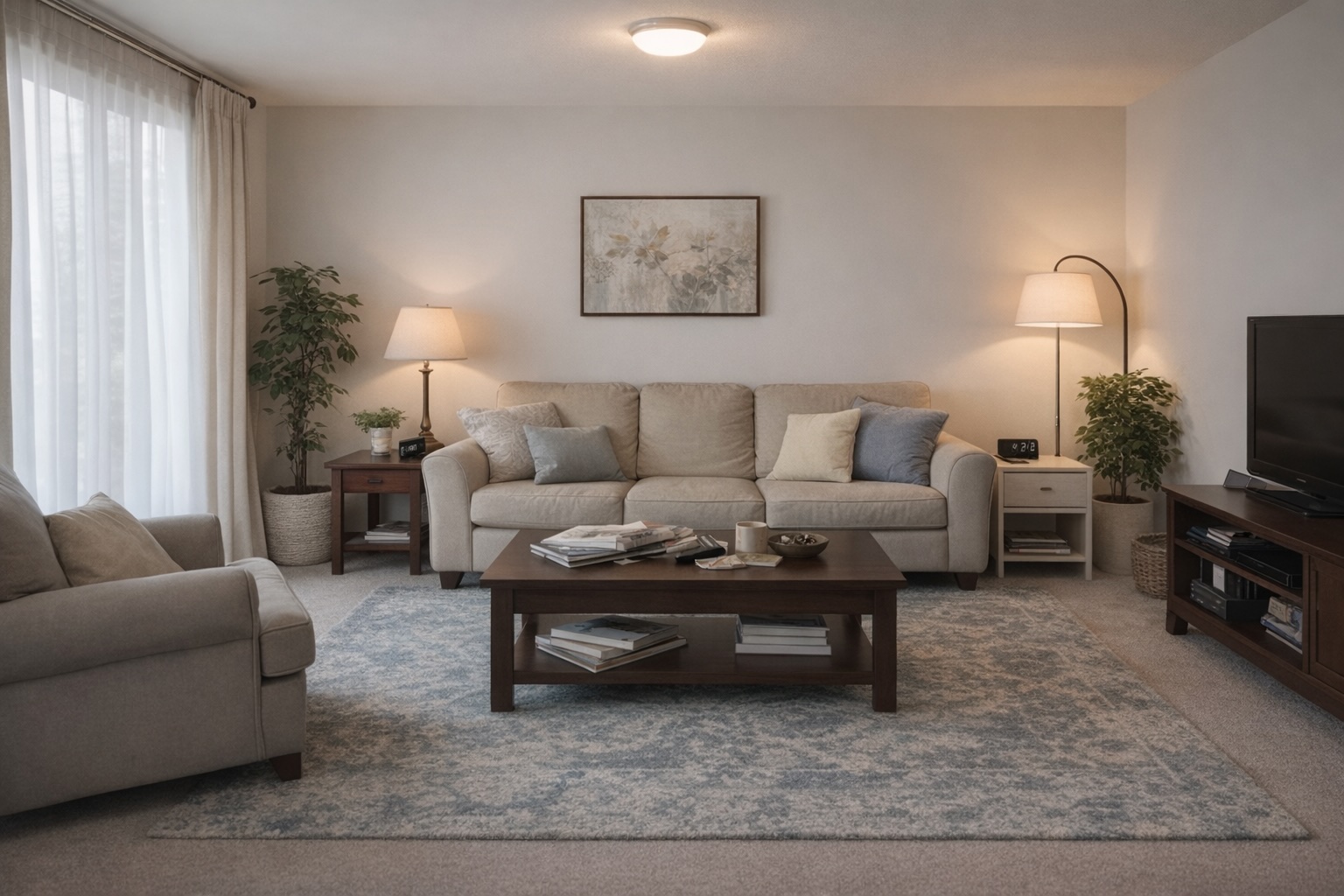 Living room with beige sofa, armchair, coffee table, TV, and floor lamps, decorated with plants and a framed picture.