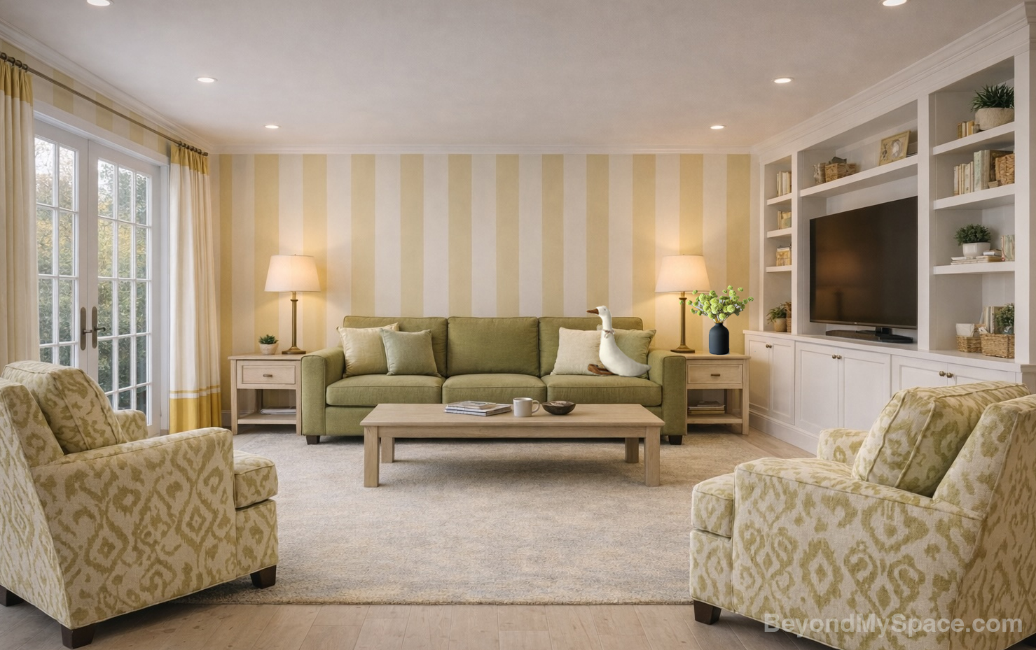 Living room with striped wallpaper, green sofa, armchairs, coffee table, TV, and built-in shelves, bright and cozy.