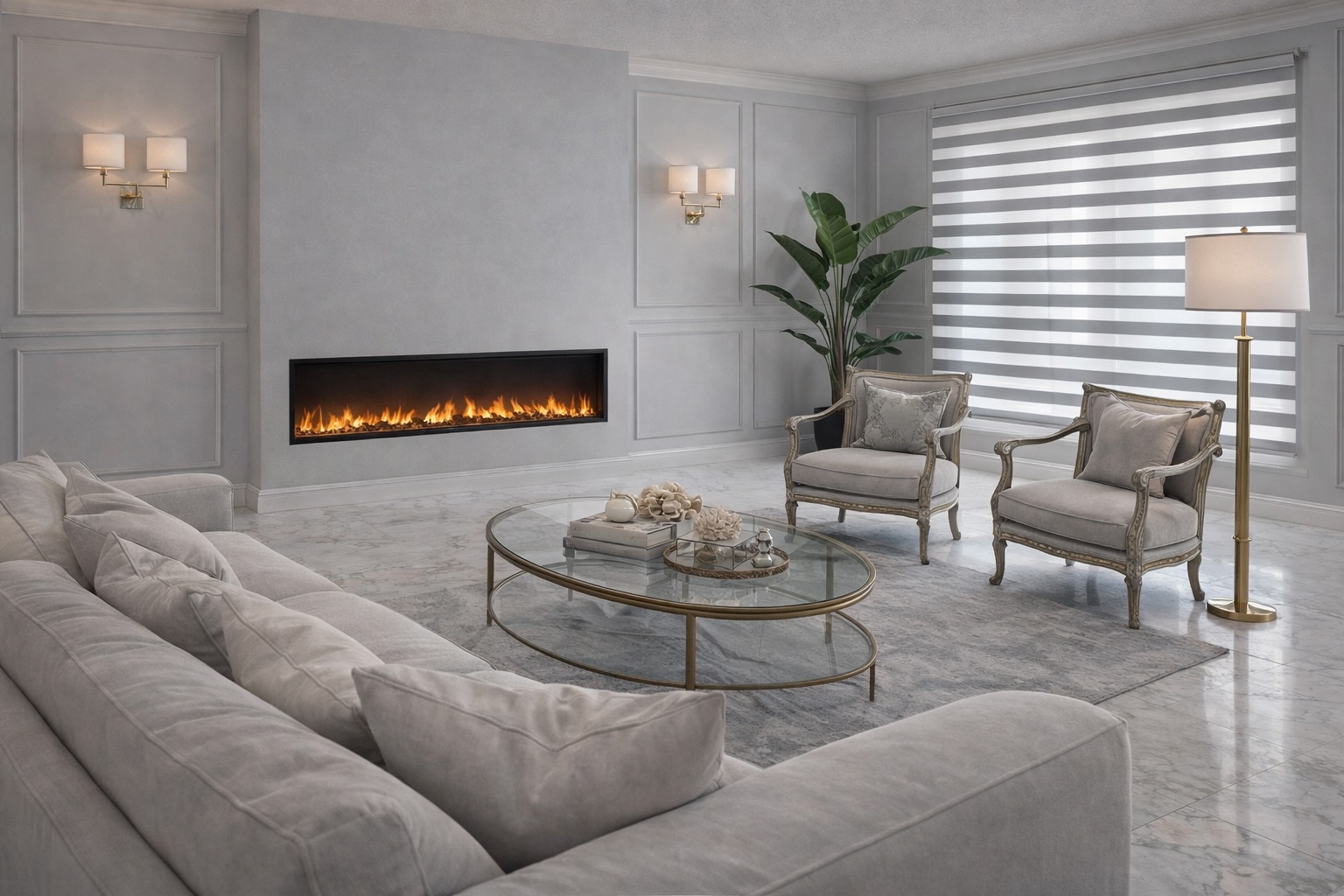 Living room with sofa, two armchairs, fireplace, large window with blinds, and a tall floor lamp.