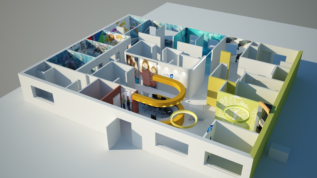 3D floor plan of a building with multiple rooms, corridors, and colorful interior sections.