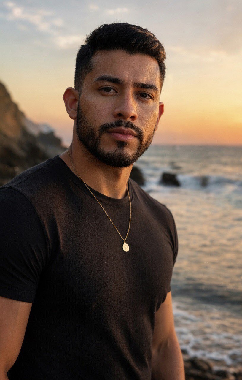 Young man with dark hair and beard stands on beach at sunset, wearing black shirt and gold necklace.