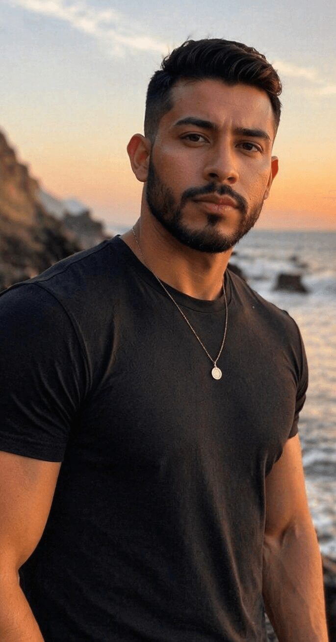 Young man with short dark hair and beard, wearing a black t-shirt and necklace, outdoors near water at sunset.
