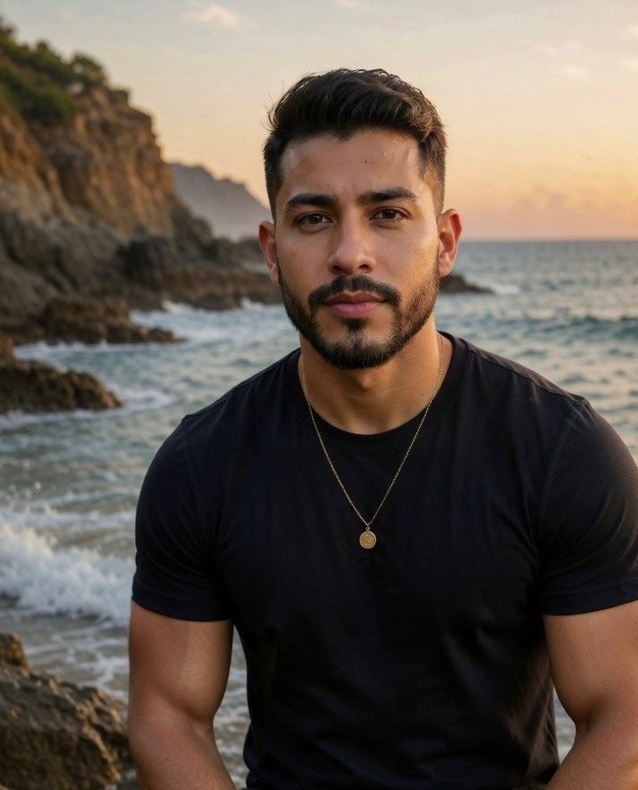 Young man with short dark hair and beard standing on a rocky beach at sunset.