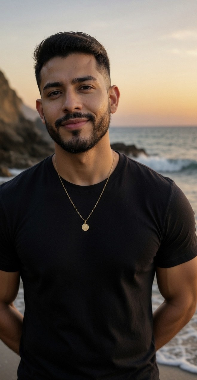 Young man with dark hair and beard smiling at the camera on a beach at sunset.