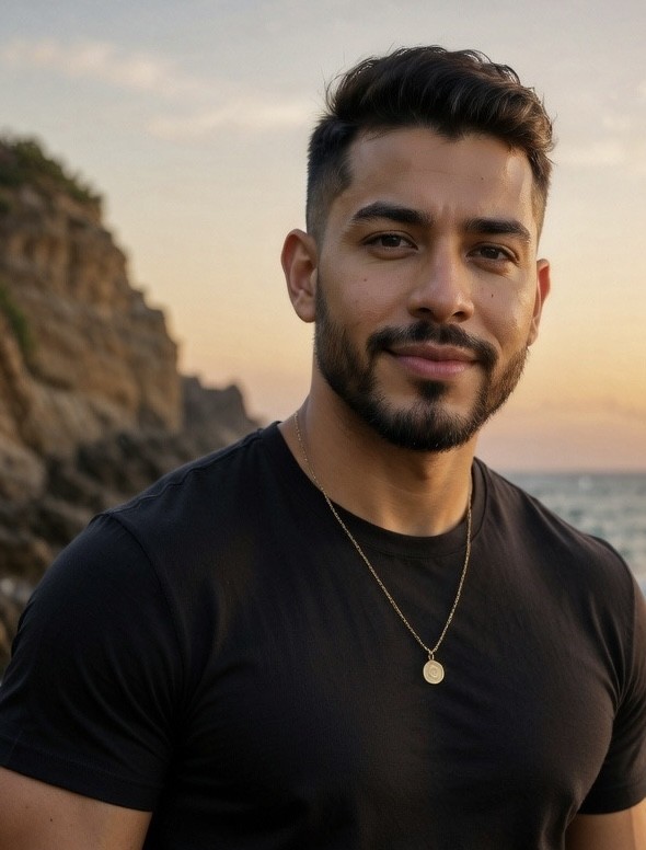 Young man with short dark hair and beard, wearing a black shirt and gold necklace, outdoors at sunset.
