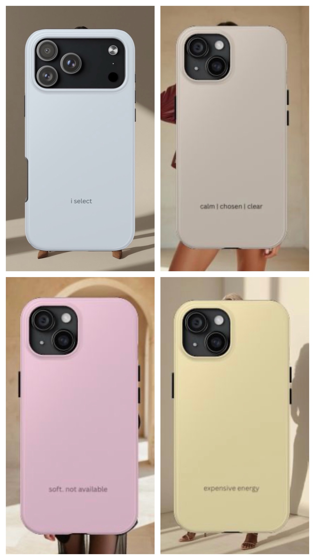 Four smartphones with different colored cases, each with a camera module in the top left corner.