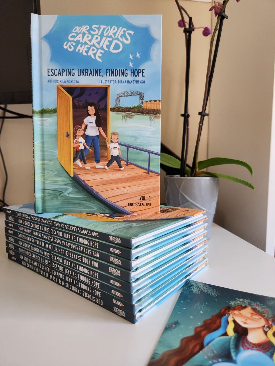 Stack of books with a colorful cover featuring a girl and a boy on a dock, and a potted plant with purple flowers nearby.