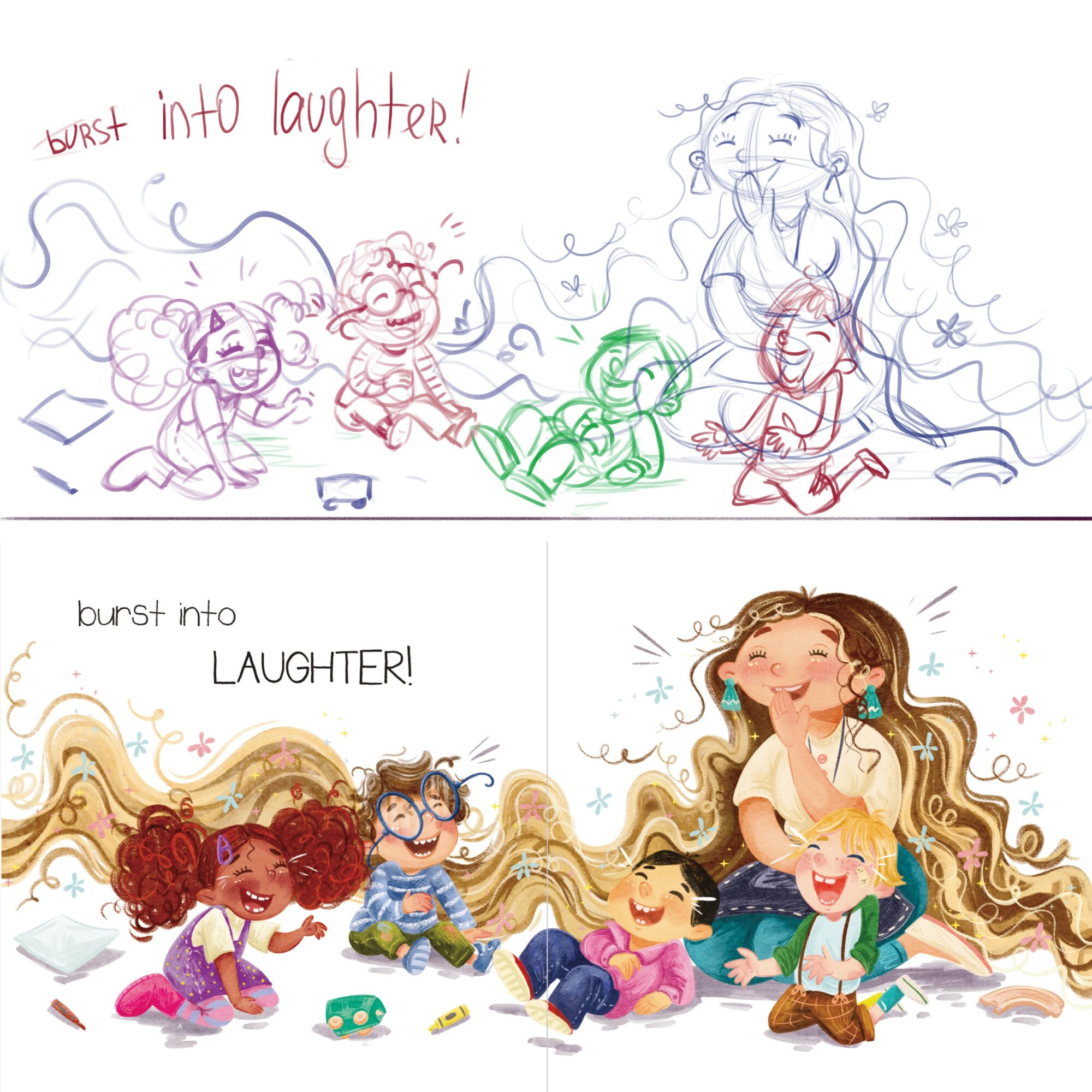 Group of children and a woman laughing and playing together outdoors, with long flowing hair and scattered papers.