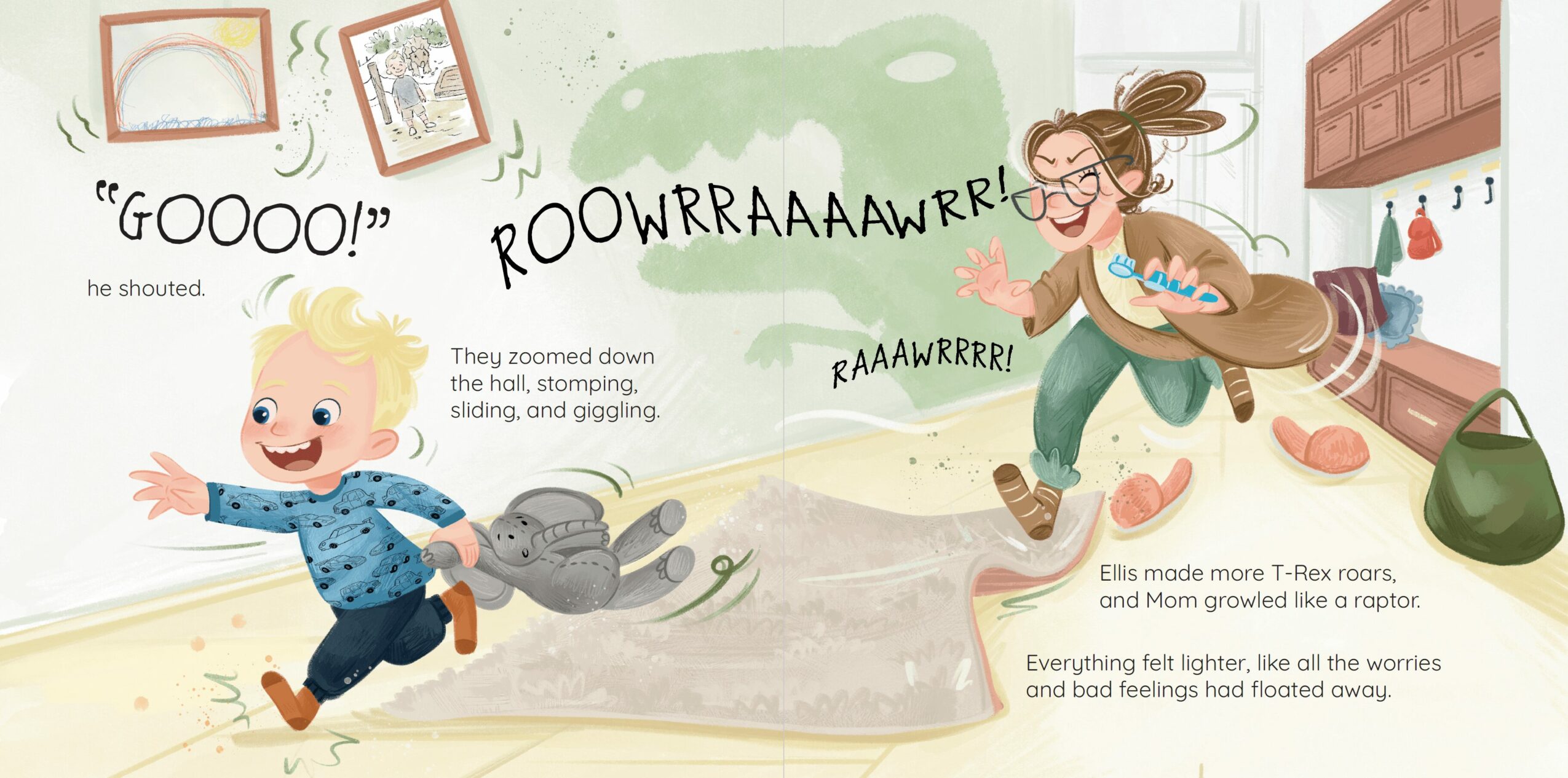 Children playing on the floor with toys, laughing, and moving around in a room with shelves and a cabinet.