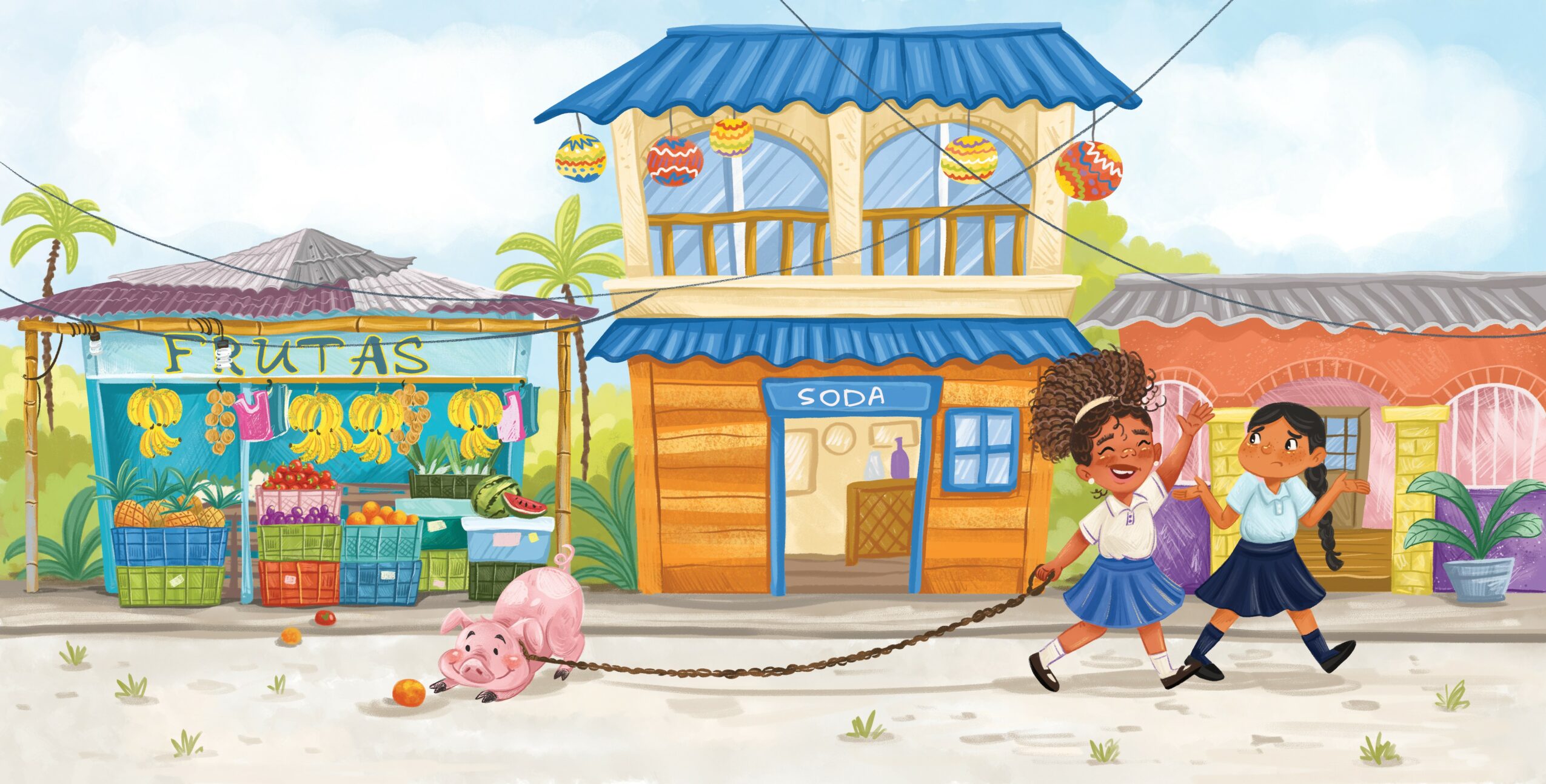 Children skipping rope near a fruit stand and small shop with a blue roof, pink pig, and colorful background.