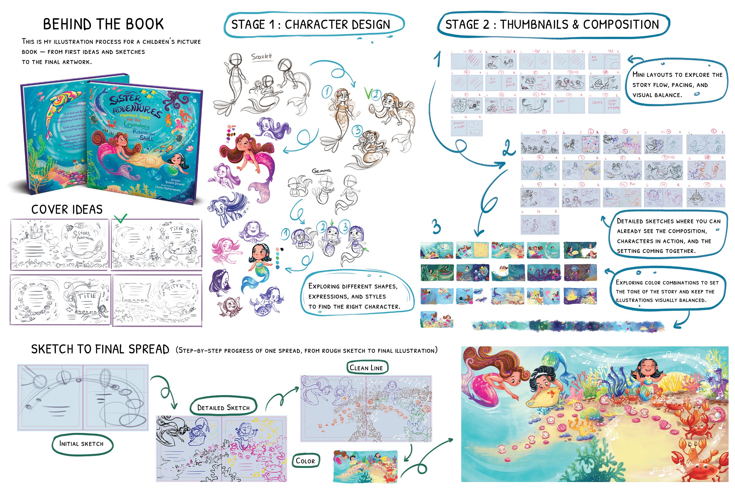 Storyboard with character sketches, thumbnail layouts, and a colorful scene with children playing in water.
