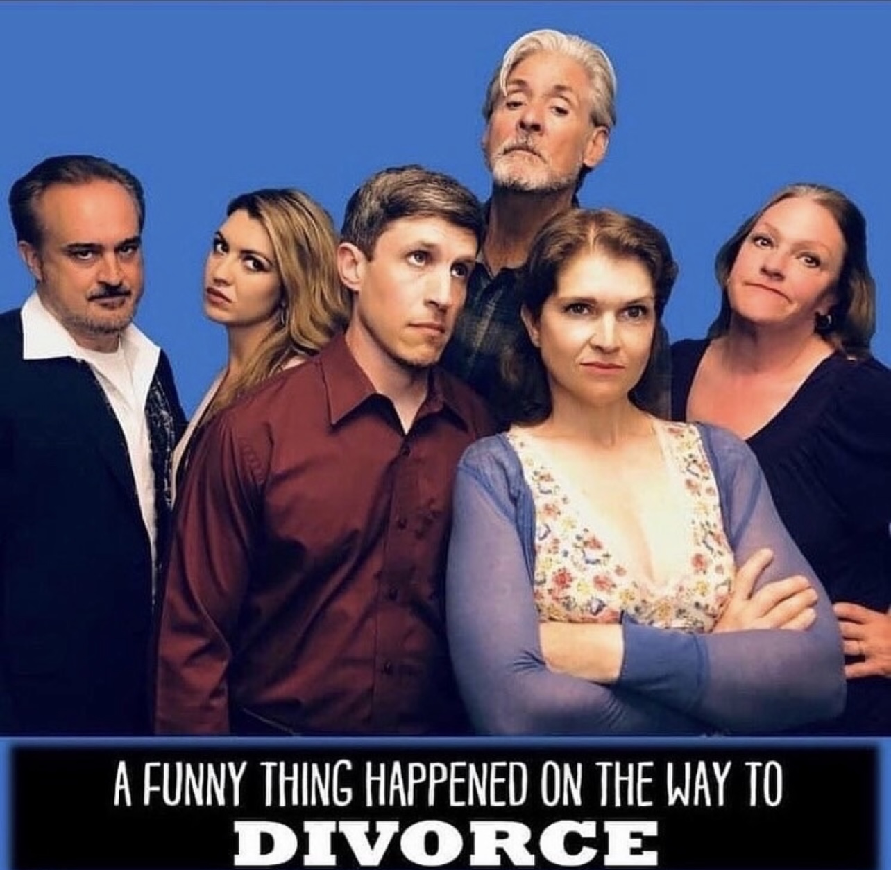 Group of six people standing against a blue background, with a caption about divorce at the bottom.