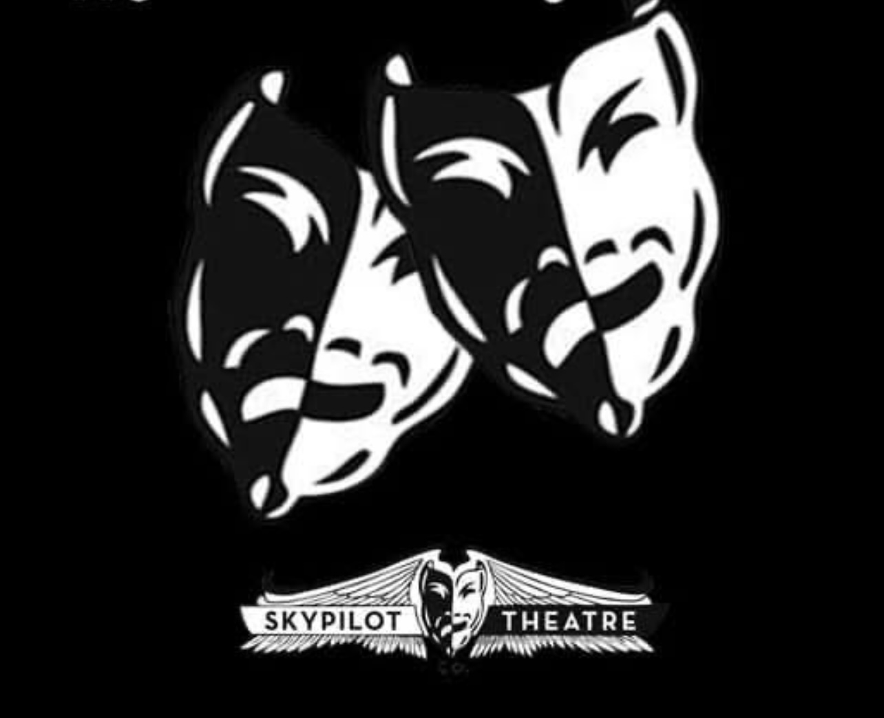 Black and white theatrical masks with a banner reading 'Skypilot Theatre' below.