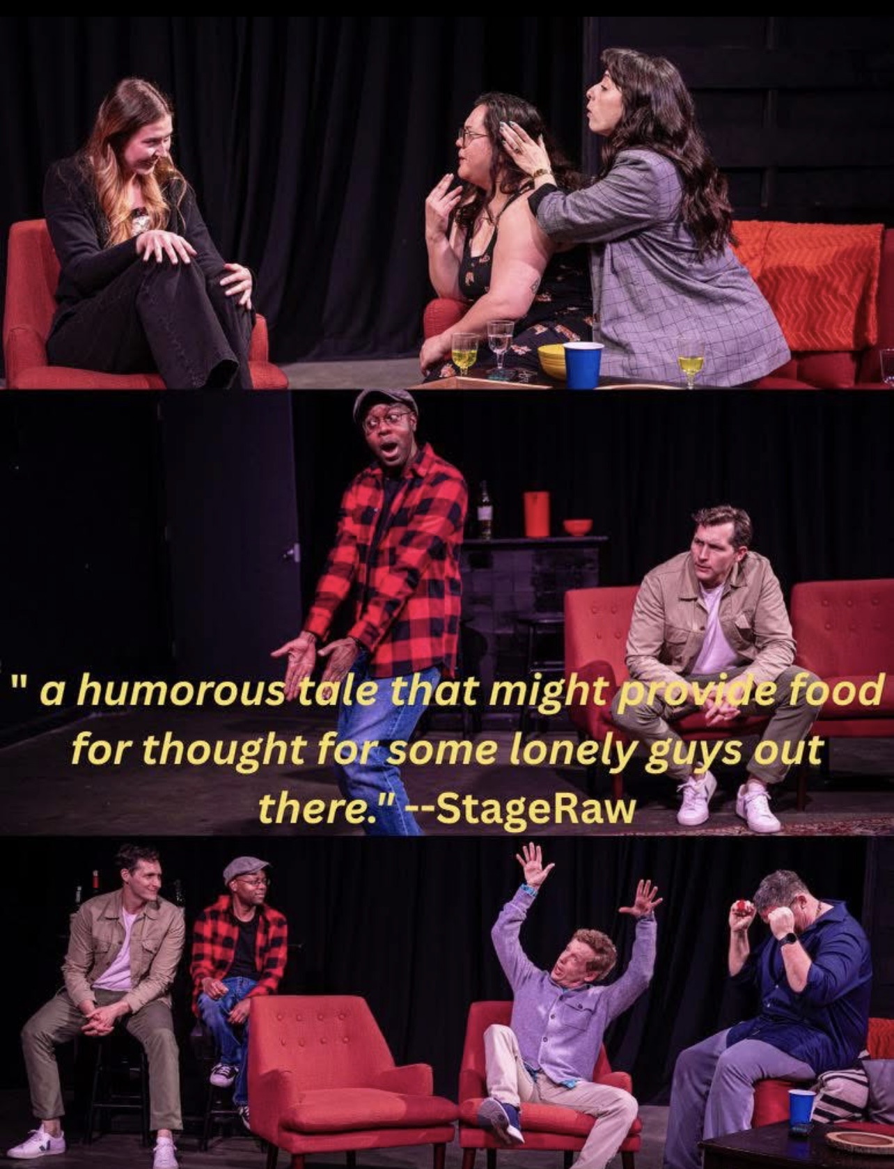 Three women sitting on a red couch, one woman in a red and black checkered shirt standing in front, three men sitting nearby, stage setting.