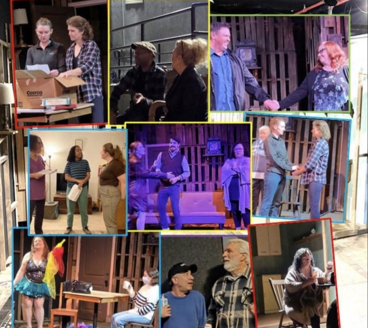 Multiple scenes of people interacting, some on stage, some in casual settings, with various backgrounds and props.