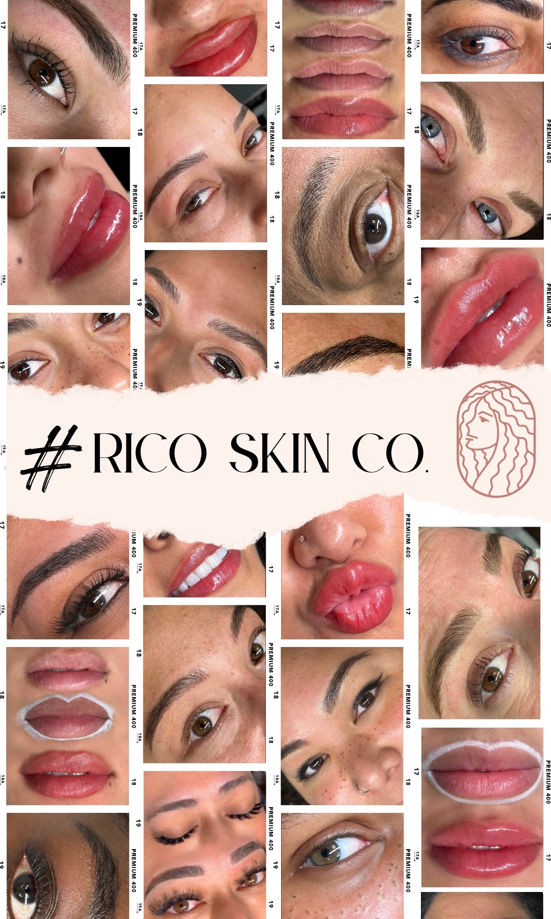Collage of various close-up images of eyes, lips, and skin, with a logo for Rico Skin Co. in the center.