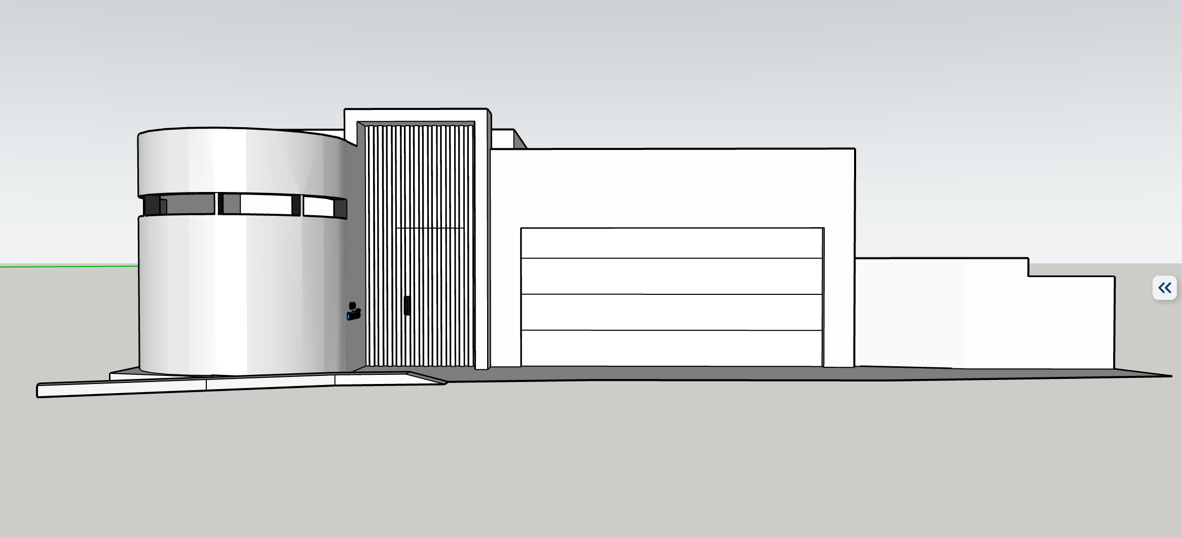 Modern building with curved and rectangular sections, garage door, and vertical panel details.