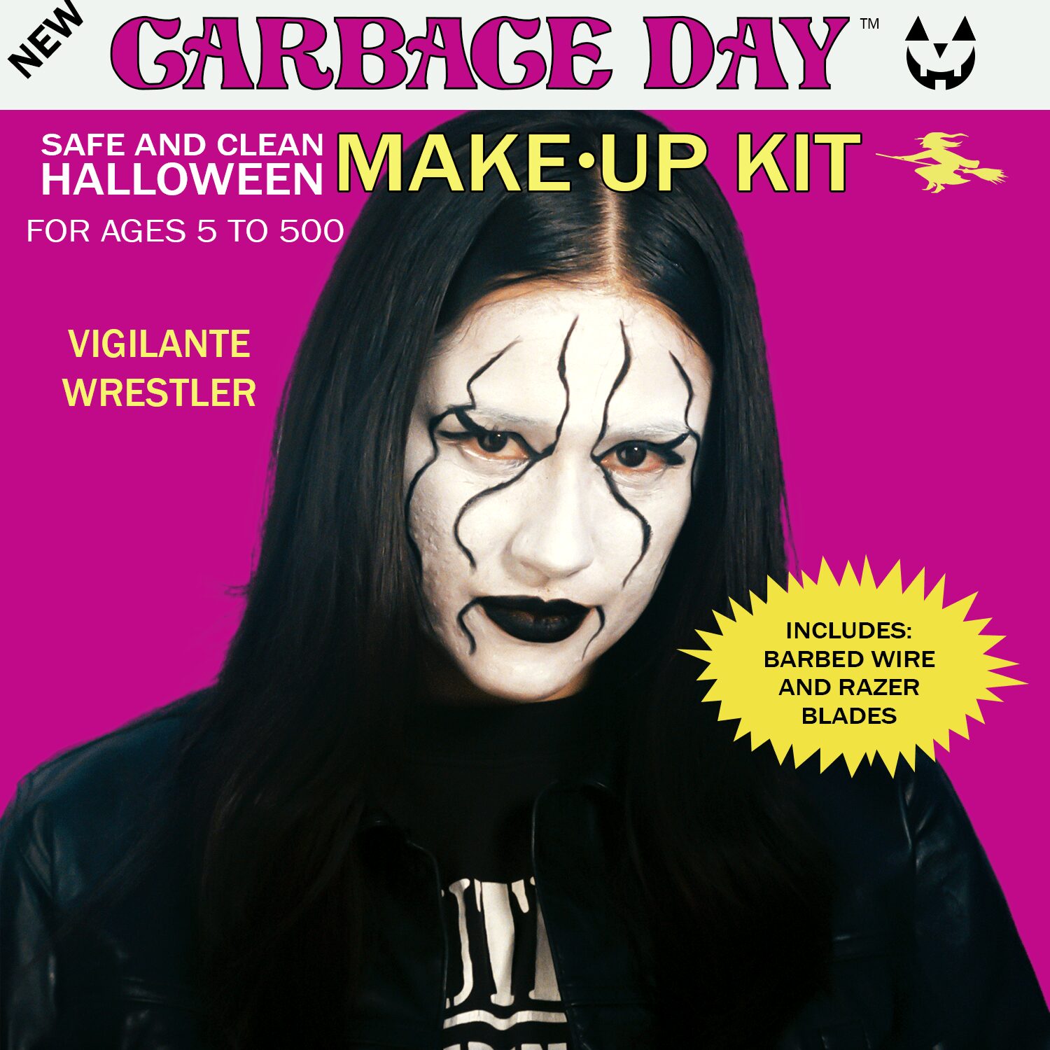 Person with black hair and makeup resembling a cracked face, wearing dark clothing, on pink background with Halloween-themed text.